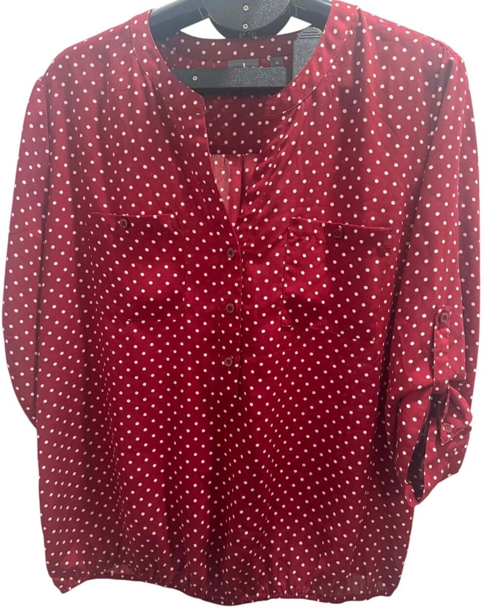 New York & Company Soho Red White Polka Dot Blouse XL